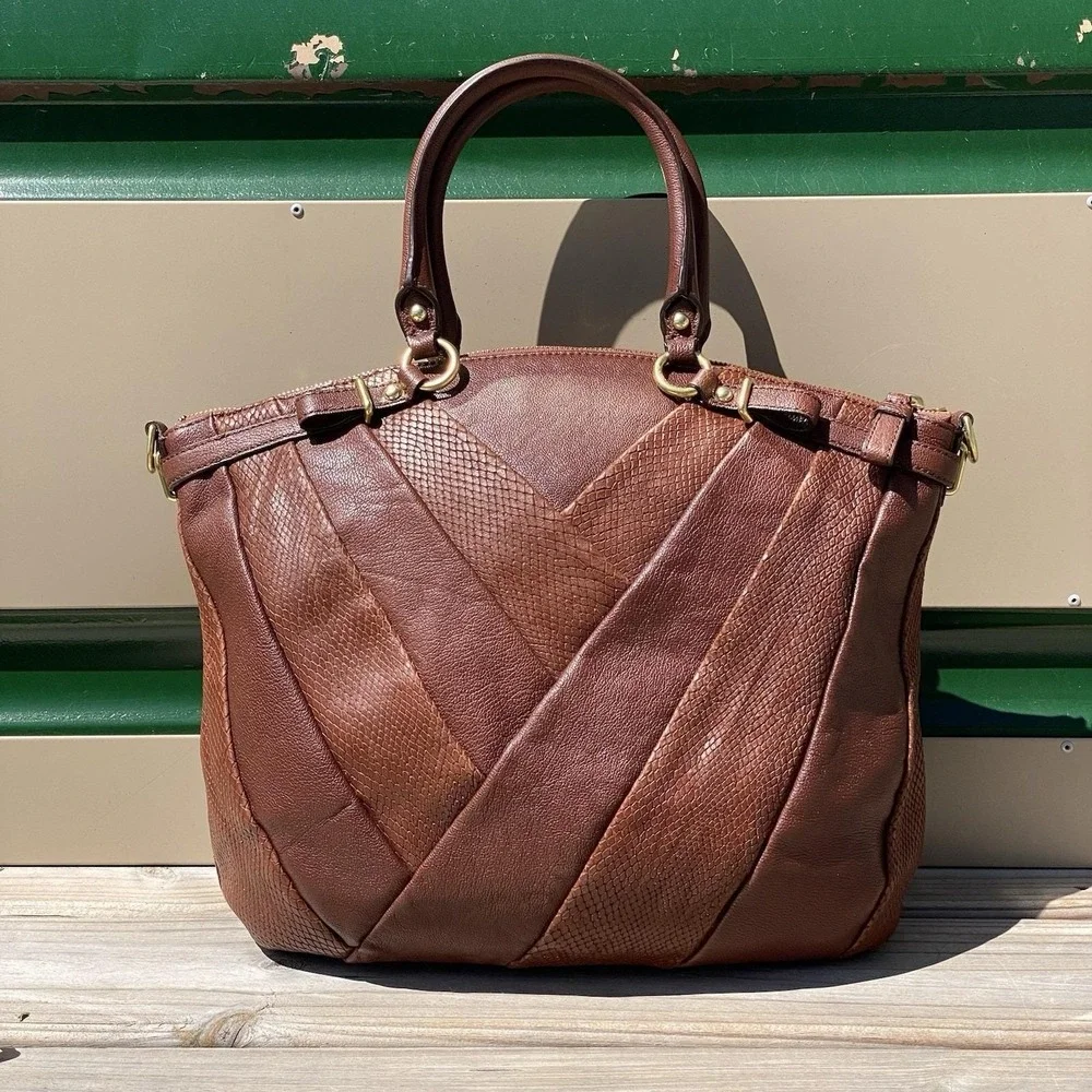 Coach Madison Diagonal Pleated Mixed Exotic Lindsey Satchel F21318 Tobacco Brown